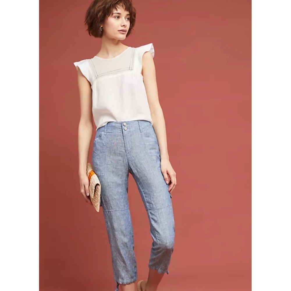Sanctuary x Anthropologie Blue Linen Cargo Pants Size 27 Cropped Drawstring Hem